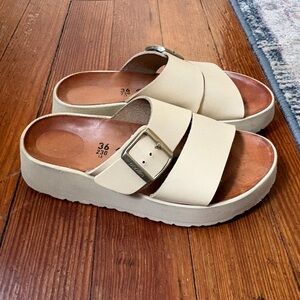 Papillio Cream Platform Slide Sandals with Gold Buckles